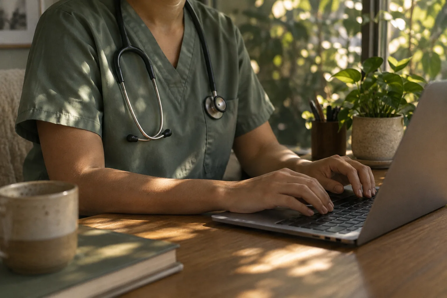 A clinician's hands holding a stethoscope